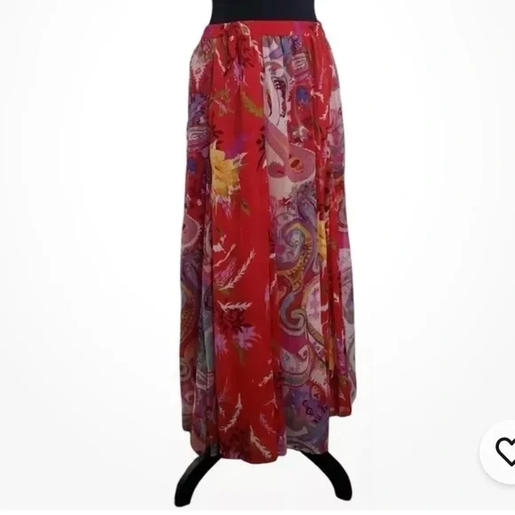 Travel Smith Red Floral Crinkle Chiffon Maxi Skirt Size Large - Picture 9 of 10